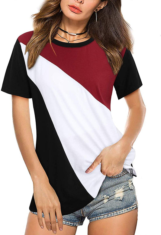 OUGES Womens Short Sleeve T Shirts Casual Round Neck Triple Color Block Patchwork Blouse Summer Tunic Tops