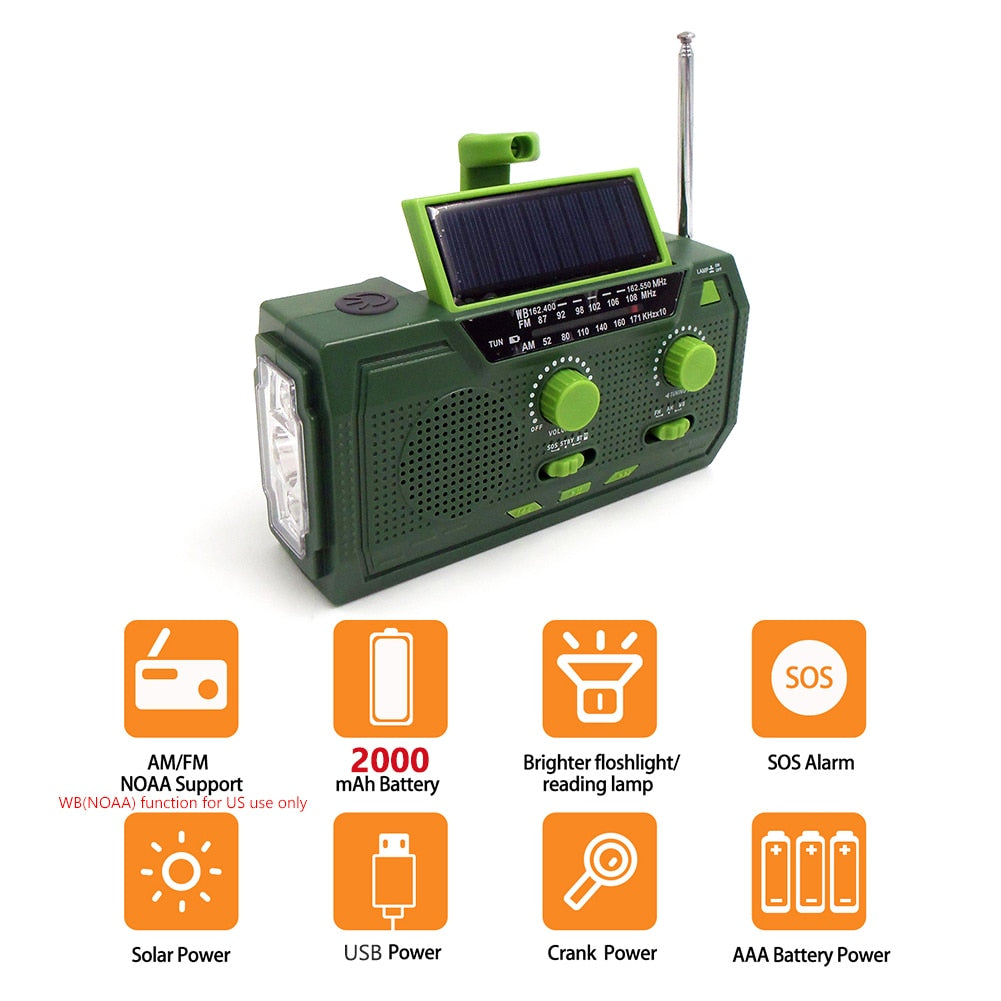 10000mAh Emergency Solar Power Radio Hand Crank Dynamo Wind Up Phone Charger Bank SOS AM/FM/NOAA Pocket Flashlight Radio