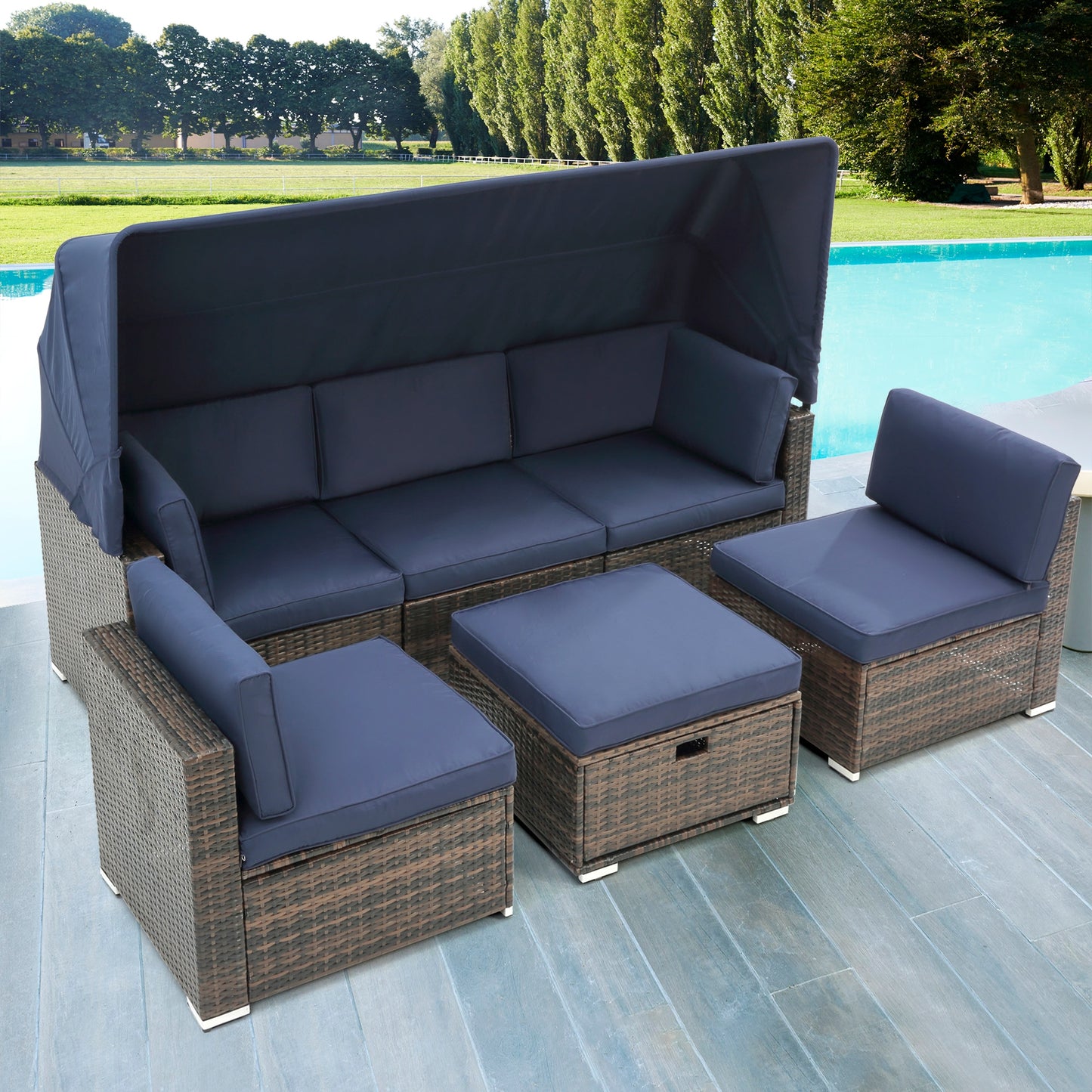 7Pcs Outdoor Garden Patio Furniture PE Rattan Wicker Sectional Cushioned Sofa Sets with 2 Pillows and Coffee Table with roof