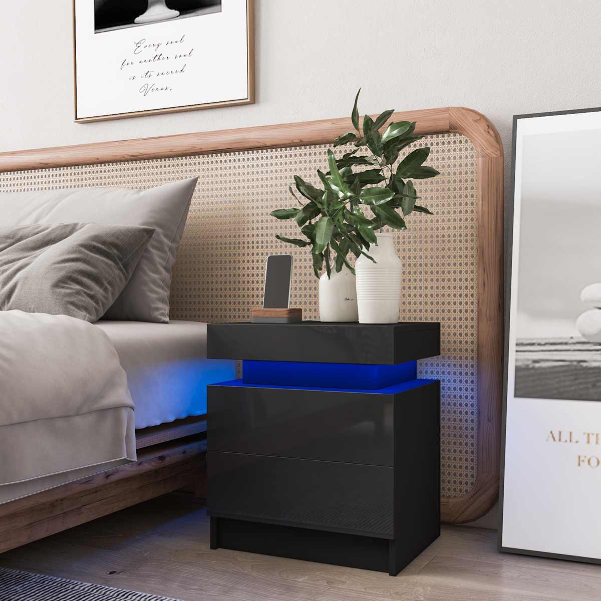 RGB LED Light Nightstand Bedside Table Cabinet With Drawer Home Bedroom Black High Gloss Finish Storage Organizer US Stock