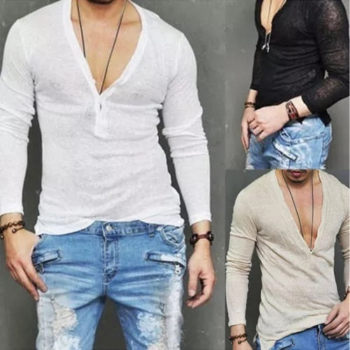 Fashion Mens Casual V-Neck Long Sleeve Shirts Slim Fit T-Shirt Tops Casual Tee