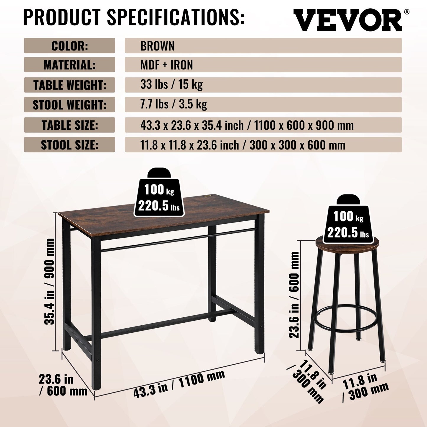 VEVOR Bar Table Set 3/5 Pieces Tall Table with 2/4 Round/Square Bar Stools for Home Kitchen Living Room Rustic Brown