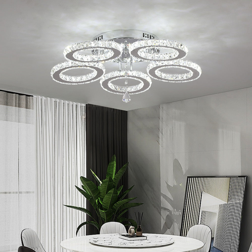 Modern Lustres K9 Crystal Chandelier Ceiling Lamps 3 Rings Stainless Steel Hanging Light Fixture 30W Led Pendant Lamp Home Deco