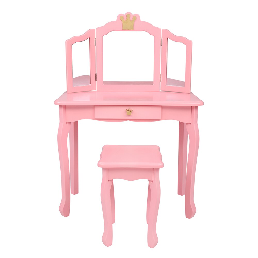 Childrens Wooden Dresser Three Sides Folding Mirror Dresser Chair Single Drawer Pink Crown For Bedroom Dressing Room