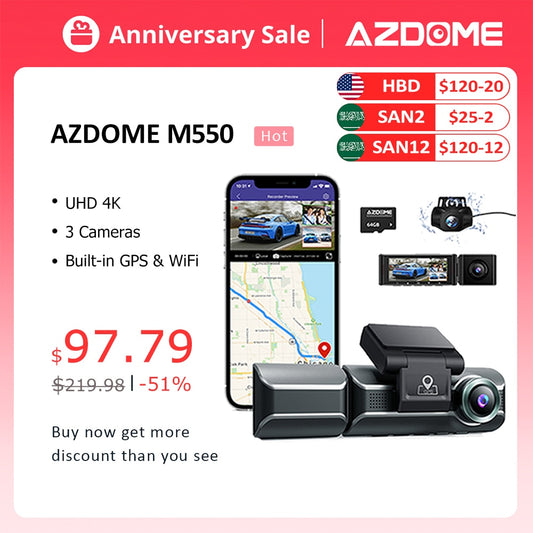 AZDOME M550 3 Channel Dash Cam, Front Inside Rear Three Way Car Dash Camera, 4K+1080P Dual Channel With GPS WiFi IR Night Vision