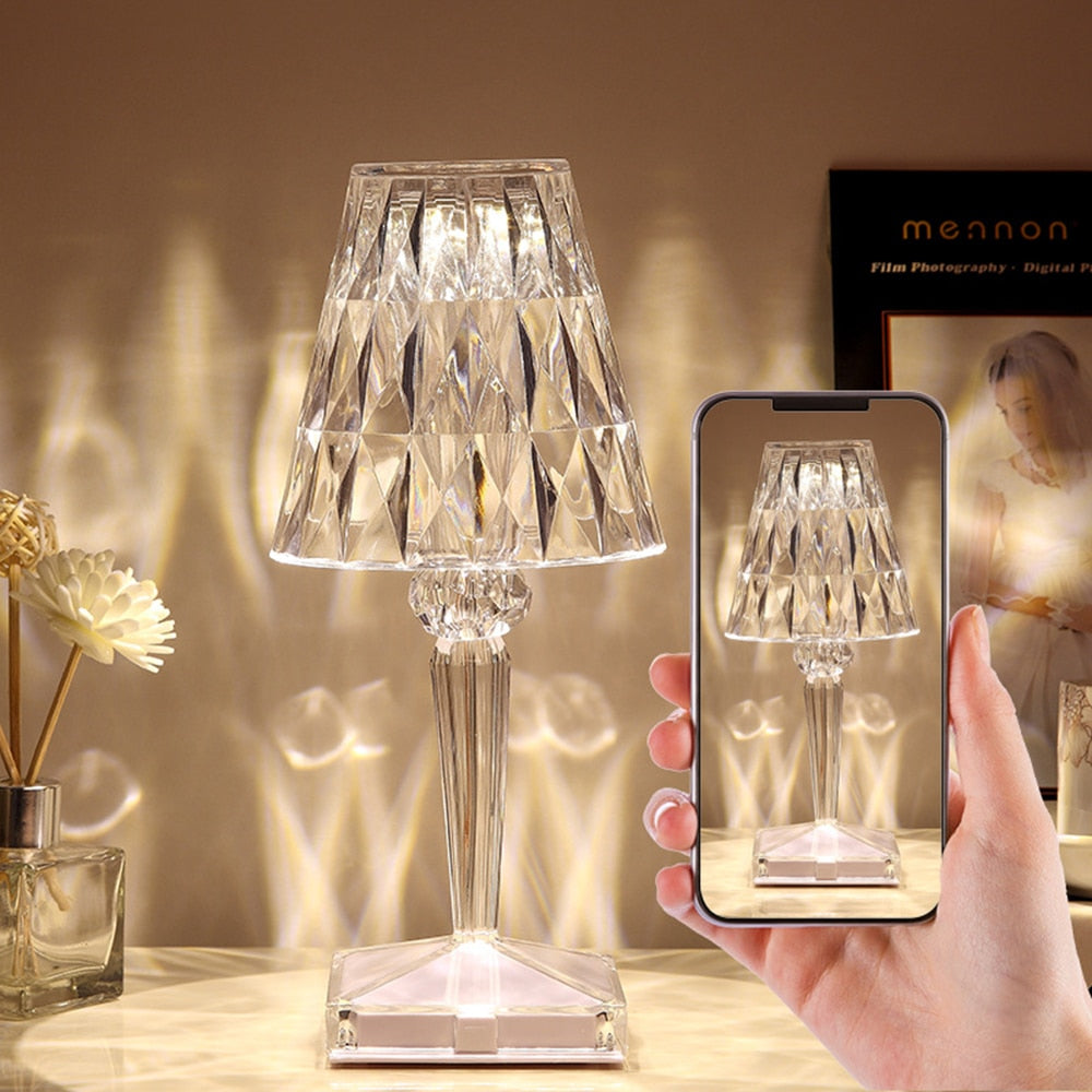 USB Rechargeable Diamond Table Lamp Touch Control Dimmable Crystal Rose Night Light For Bedroom Bedside Bar Acrylic Decoration