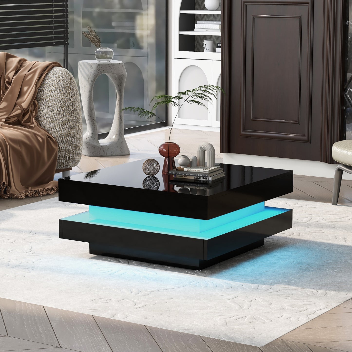 High Gloss Minimalist Design Coffee Table W/Plug-in 16-Color LED Lights 2-Tier Square Center Table for Living Room White/Black