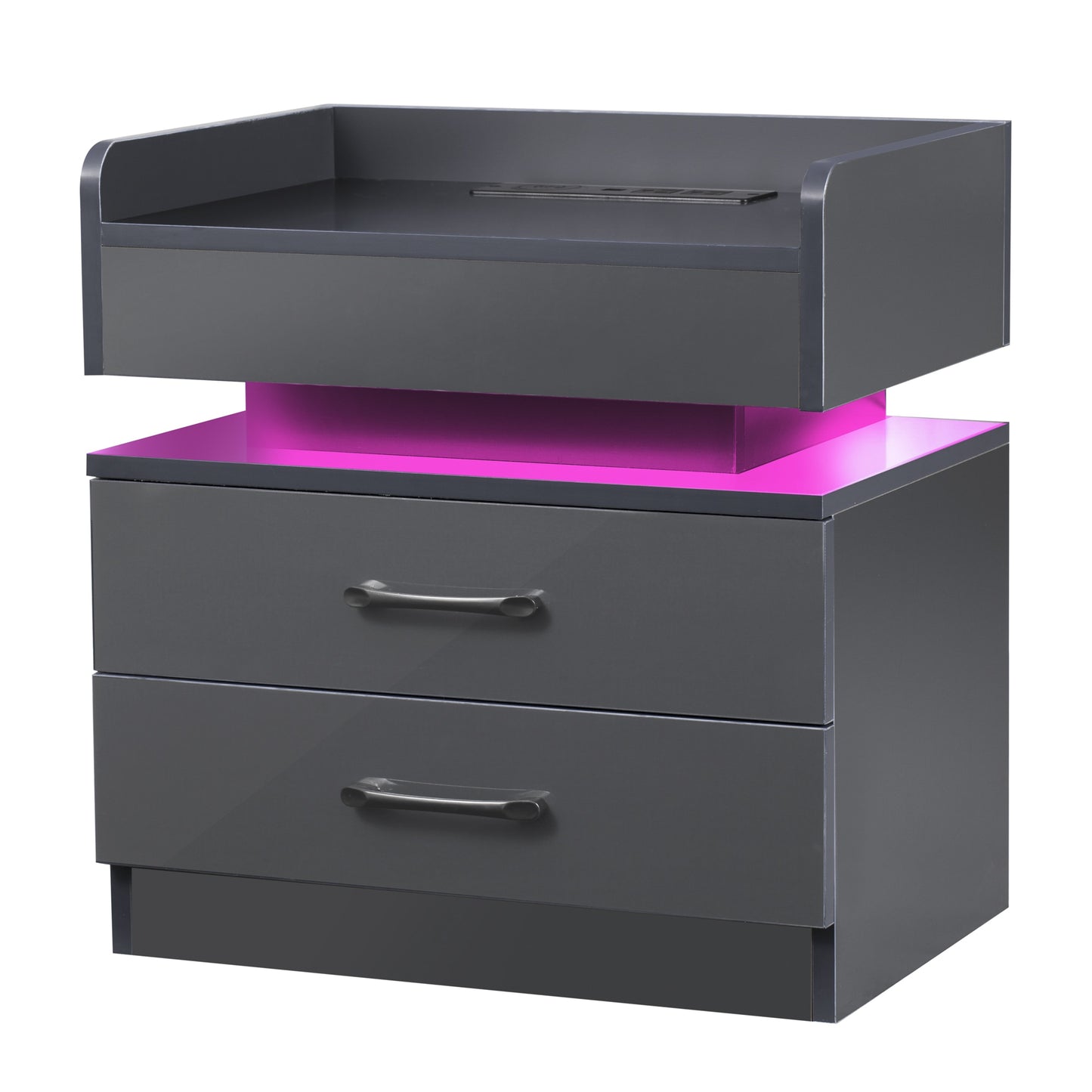 Auto LED Nightstand with Wireless Charging Station &amp; USB Ports,High Gloss Bedside Tables with 2 Drawers