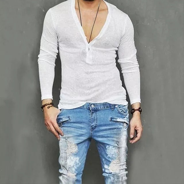 Fashion Mens Casual V-Neck Long Sleeve Shirts Slim Fit T-Shirt Tops Casual Tee