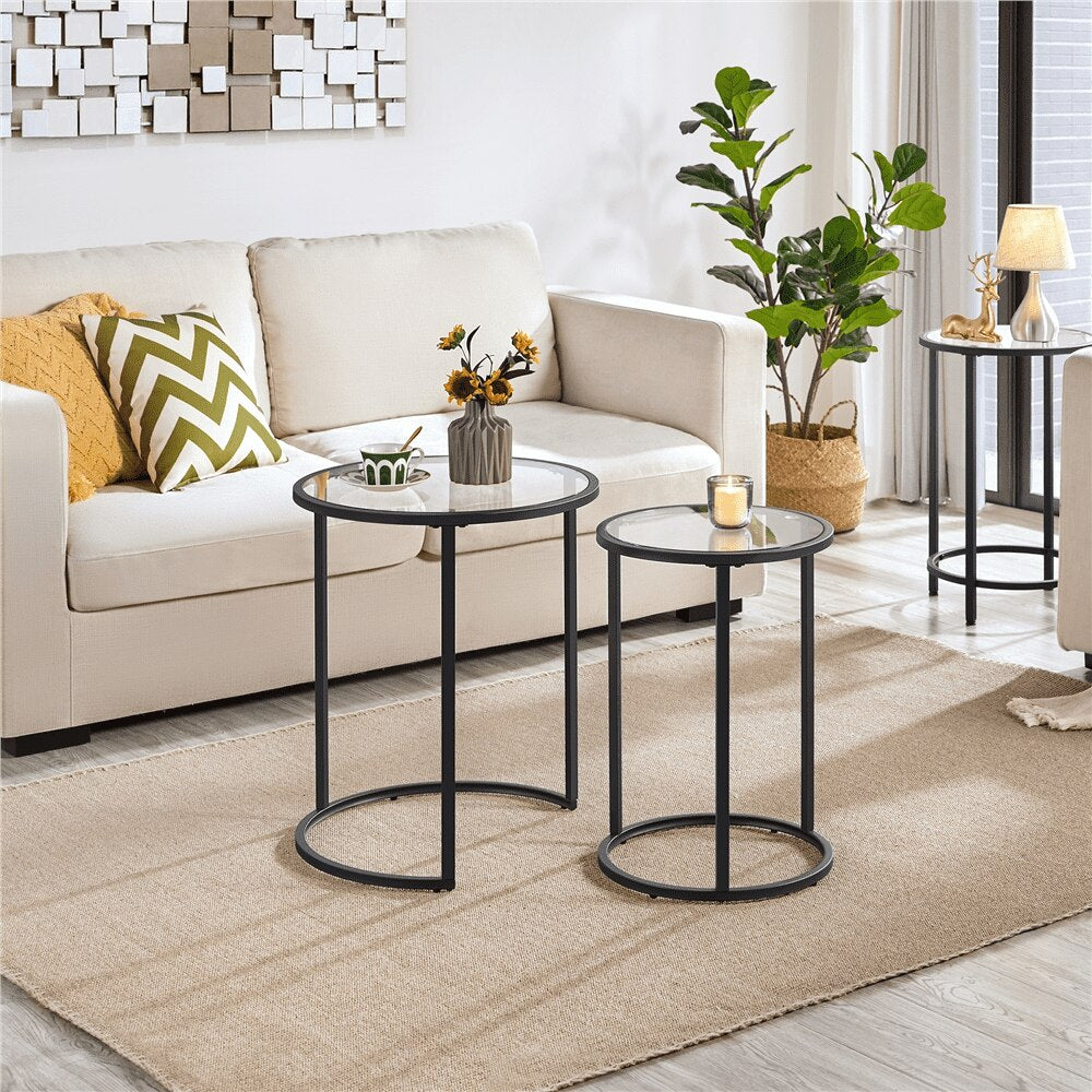 Round Metal Nesting End Table Set of 2 with Glass Top for Living Room