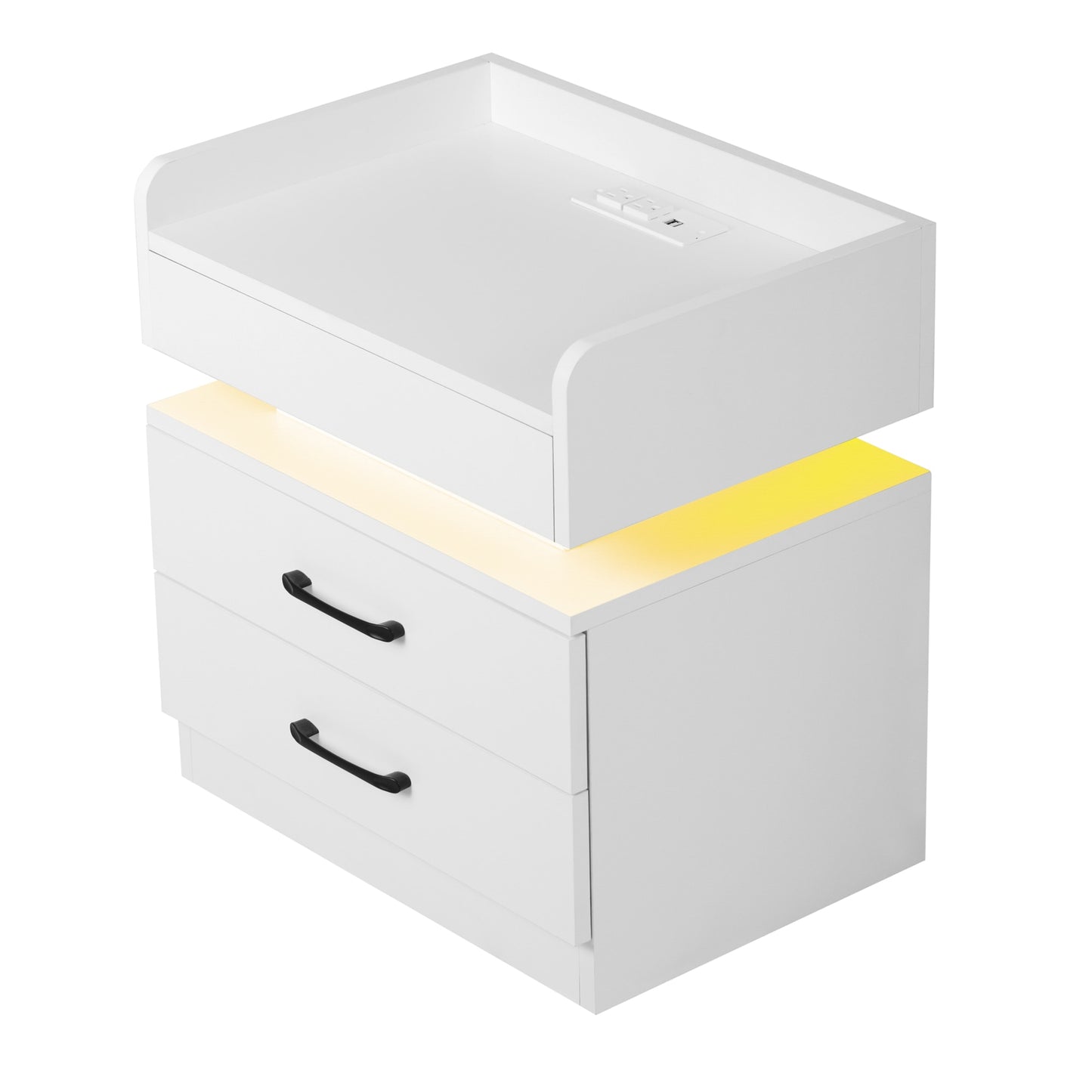 Auto LED Nightstand with Wireless Charging Station &amp; USB Ports,High Gloss Bedside Tables with 2 Drawers