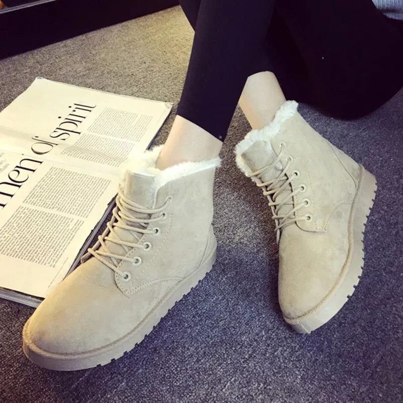 Women Winter Snow Boots Warm Flat  Platform Lace Up Ladies Womens Shoes New Flock Fur Suede Ankle Boots Female