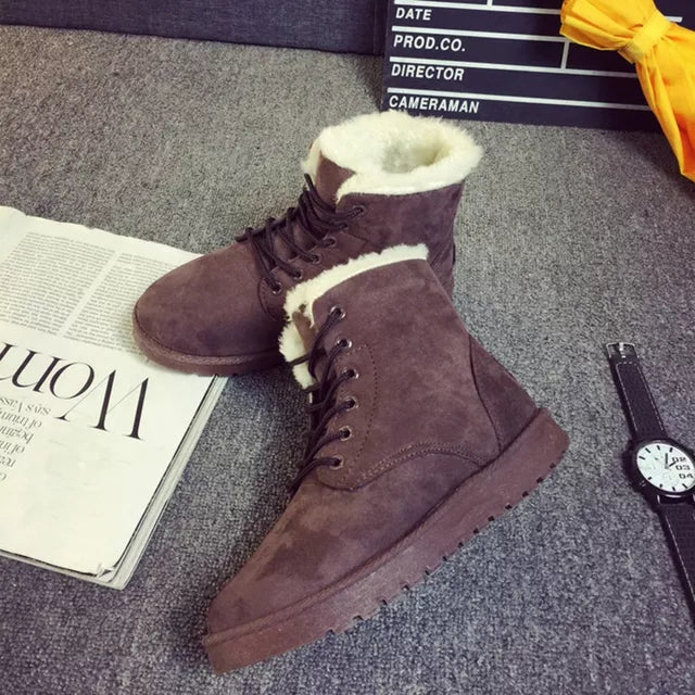 Women Winter Snow Boots Warm Flat  Platform Lace Up Ladies Womens Shoes New Flock Fur Suede Ankle Boots Female