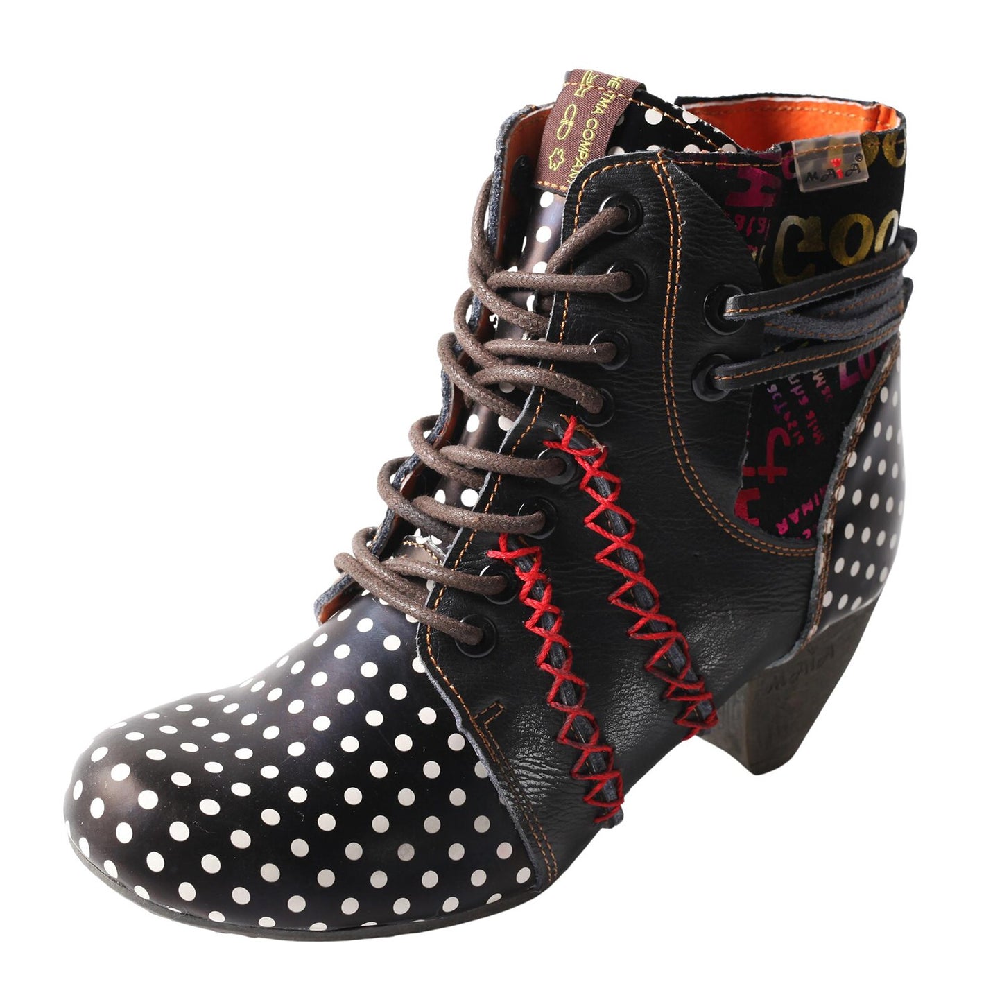 TMA EYES Polka Dot Leather Women Boots with Moccasin Hand Stitching