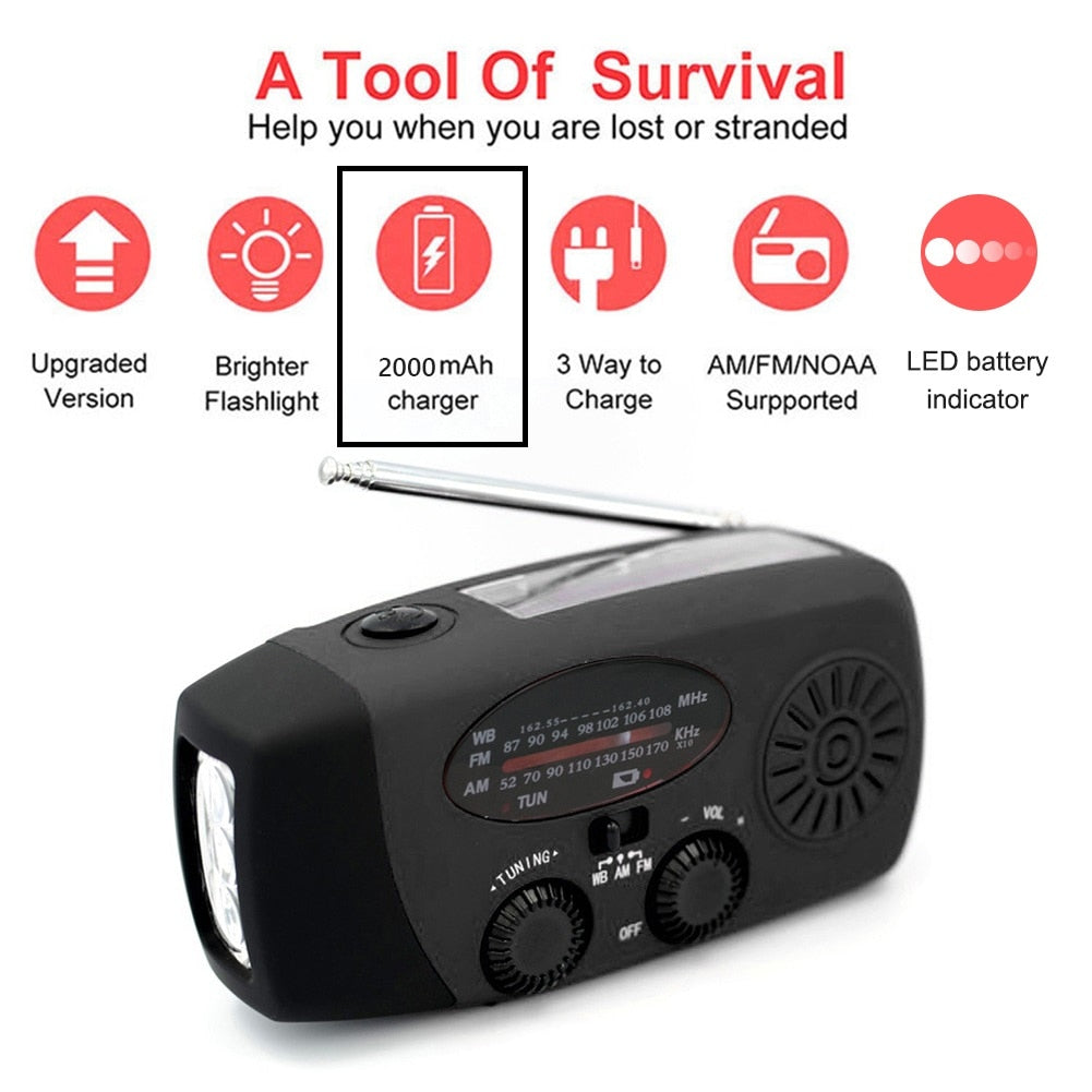 10000mAh Emergency Solar Power Radio Hand Crank Dynamo Wind Up Phone Charger Bank SOS AM/FM/NOAA Pocket Flashlight Radio