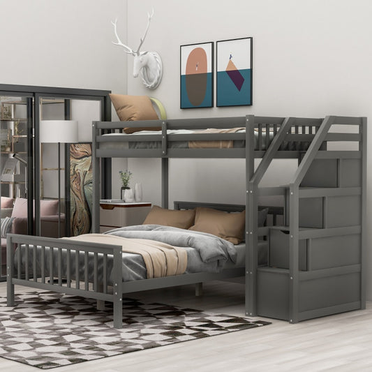 Twin-Over-Twin L-Shaped Bunk Bed, Twin Loft Bed, Ladder with 3 storage grids,  Easy to Assemble,for Bedroom (Gray)