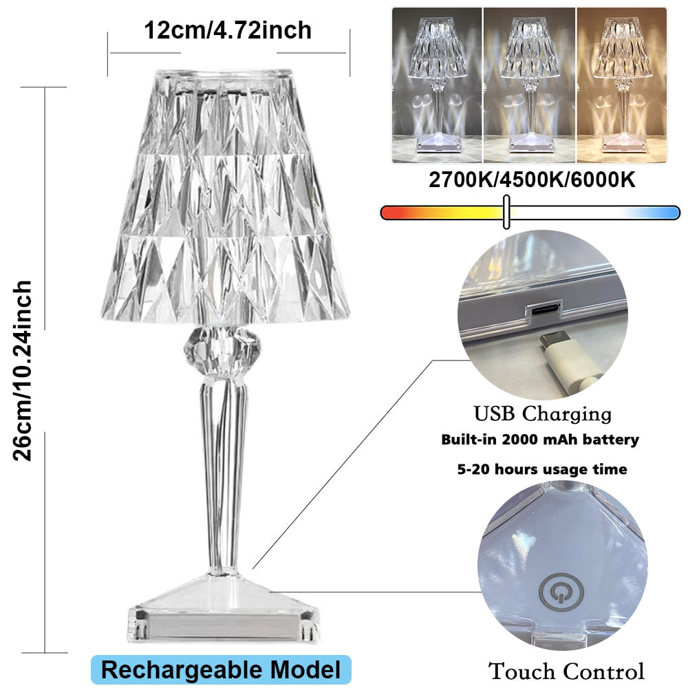 USB Rechargeable Diamond Table Lamp Touch Control Dimmable Crystal Rose Night Light For Bedroom Bedside Bar Acrylic Decoration