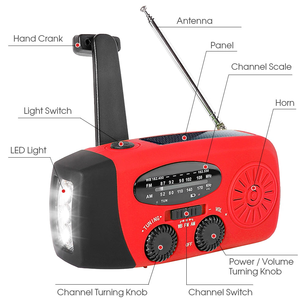 Emergency Radio Sun Powered Hand Crank FM/AM Weather Alert Radio &amp; LED Light Power Bank Function Survival Radio for camping