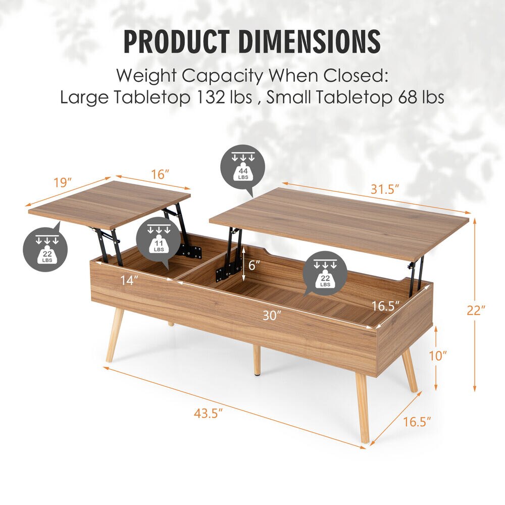 Costway Lift Top Coffee Table Central Table W/Hidden Compartments for Living Room