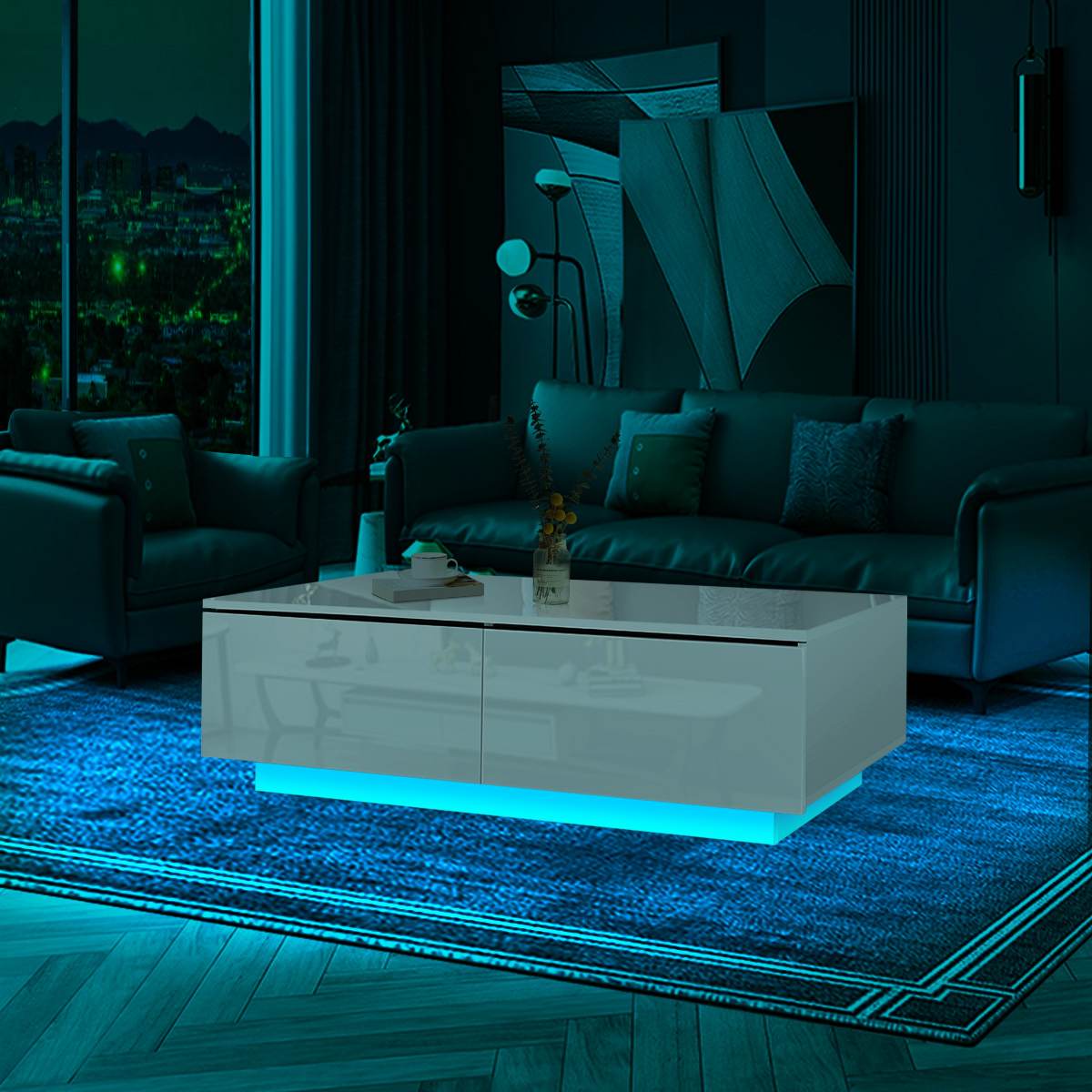 RGB LED Tea Table End Table For Home Office Coffee Table Wooden 4 Drawers Magazine Shelf Sofa Side Table