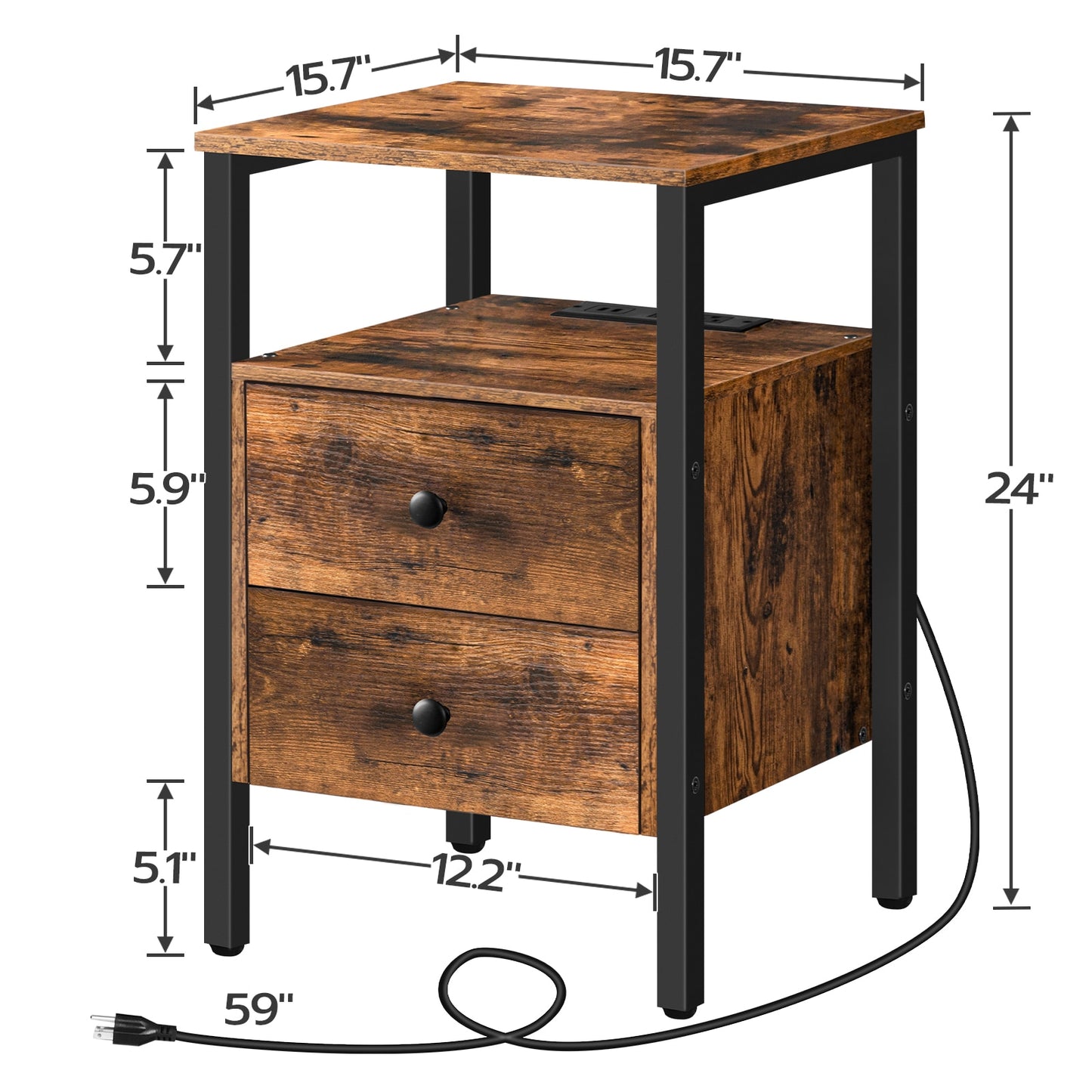 HOOBRO End Table With Charging Station Bedside Table With 2 Drawer &amp;USB Ports & Power Outlets Nightstand For Small Space Bedroom