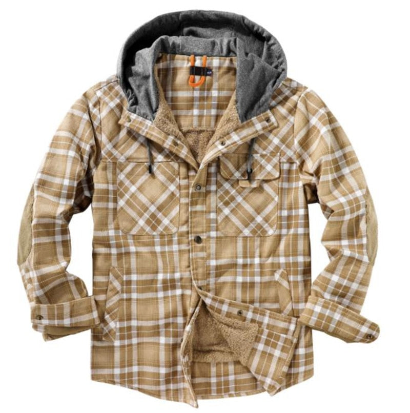 2023 Winter Casual Plaid Hooded Velvet Thickened Warm Men Shirt Mens Cotton Loose Long Sleeve Shirt