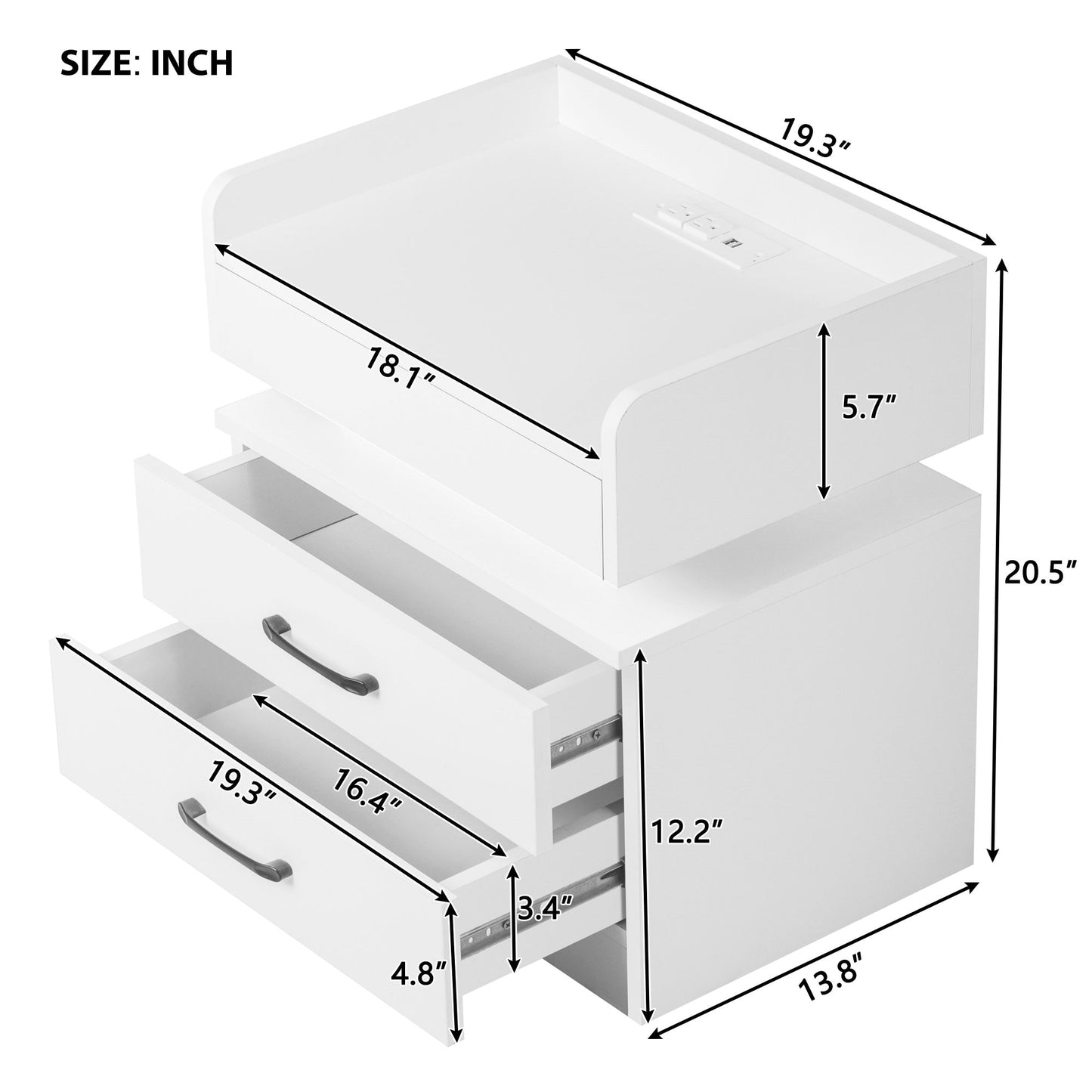 Auto LED Nightstand with Wireless Charging Station &amp; USB Ports,High Gloss Bedside Tables with 2 Drawers