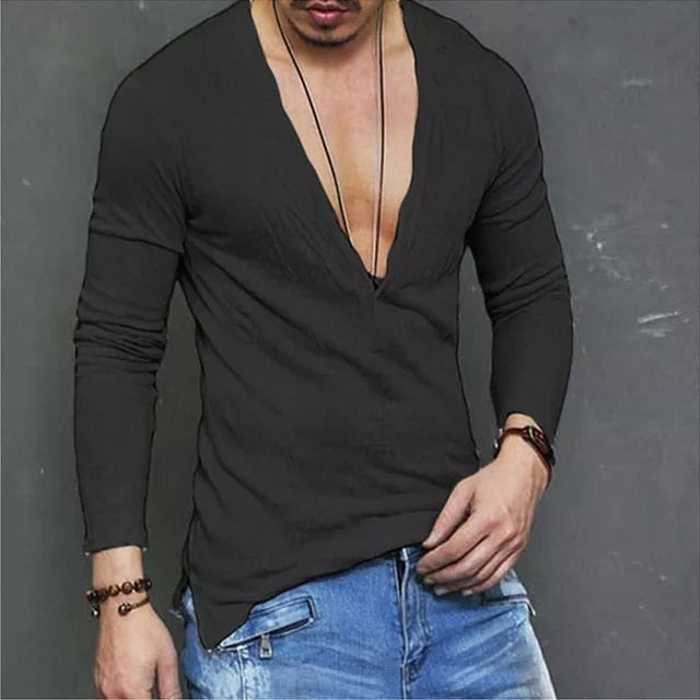 Fashion Mens Casual V-Neck Long Sleeve Shirts Slim Fit T-Shirt Tops Casual Tee