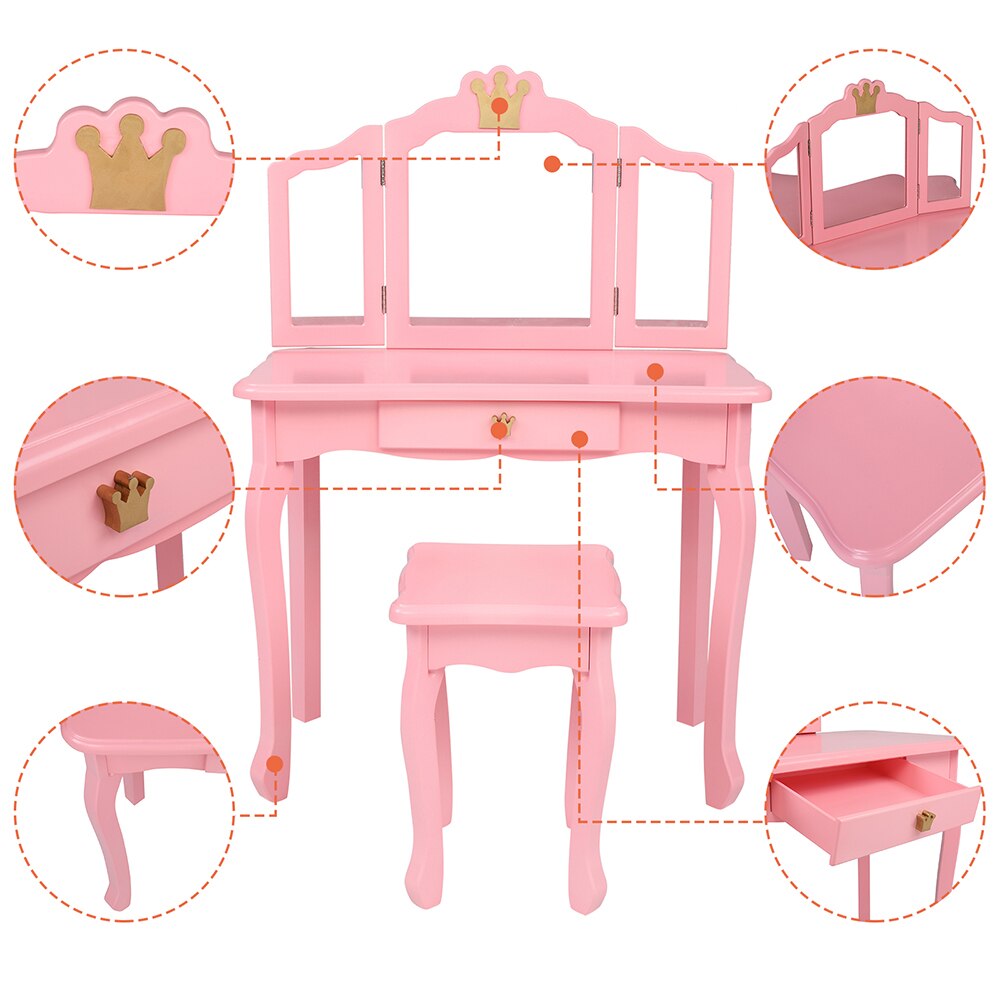 Childrens Wooden Dresser Three Sides Folding Mirror Dresser Chair Single Drawer Pink Crown For Bedroom Dressing Room