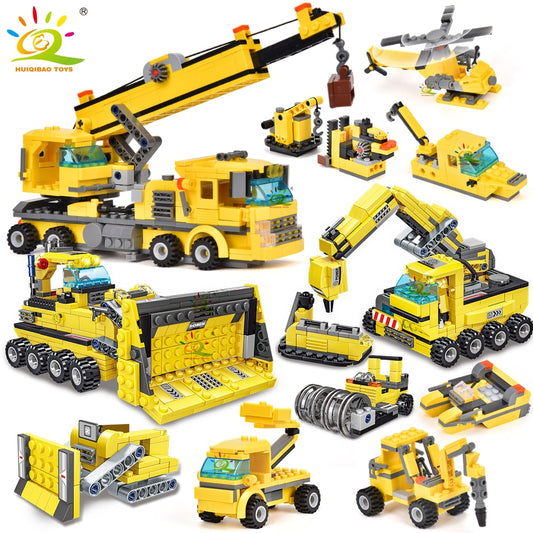 HUIQIBAO TOYS 693pcs 8in1 Engineering Truck Building Blocks Crane Bulldozer Car City Construction Bricks Set For Children Kids