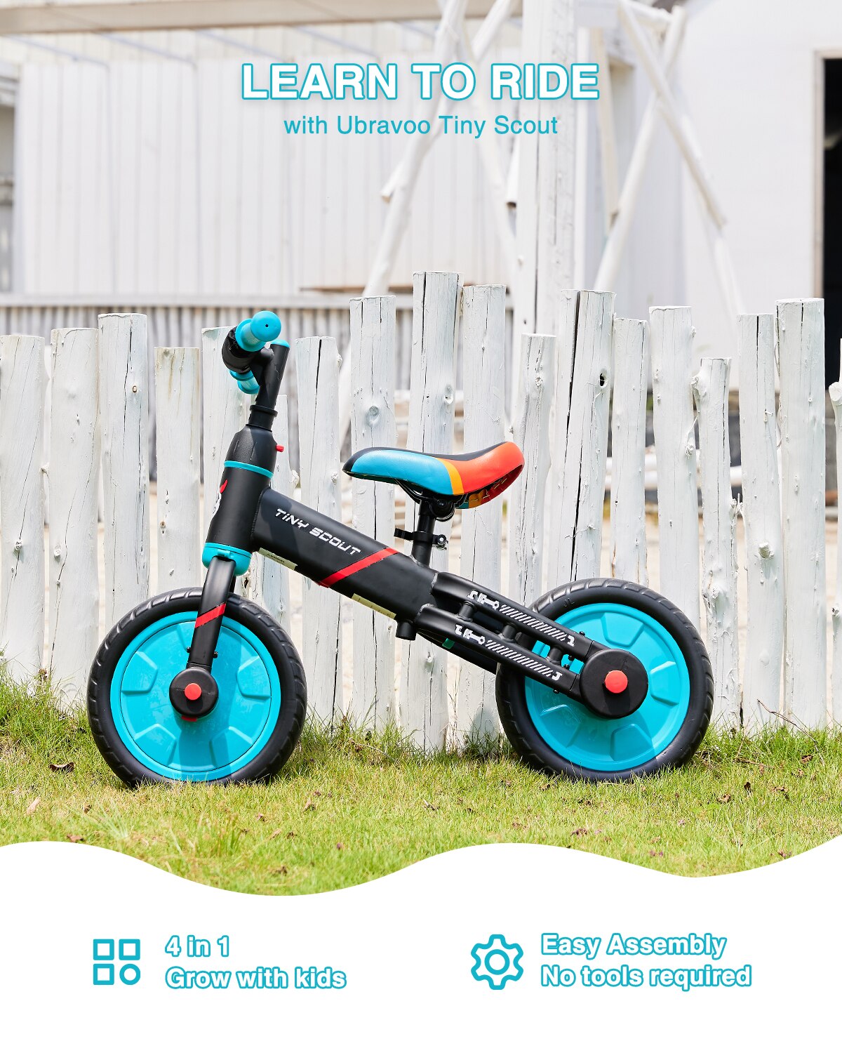 UBRAVOO Tiny Scout Balance Bike 3 4 5 Years , 4-in-1 with Optional Support Wheels and Pedals, Saddle Height Adjustable