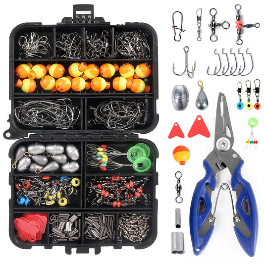 263pcs Fishing Accessories Set with Tackle Box Including Plier Jig Hooks Sinker Weight Floats Swivels Snaps Sinker Slides