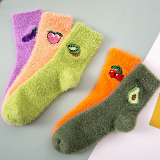 Kawaii Women Fruit Fluffy Socks Thermal Fuzzy Socks Female Ladies Fashion Warm Avocado Cherry Eggplant Floor Sleep Sock