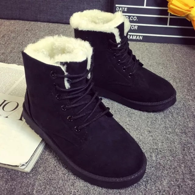 Women Winter Snow Boots Warm Flat  Platform Lace Up Ladies Womens Shoes New Flock Fur Suede Ankle Boots Female