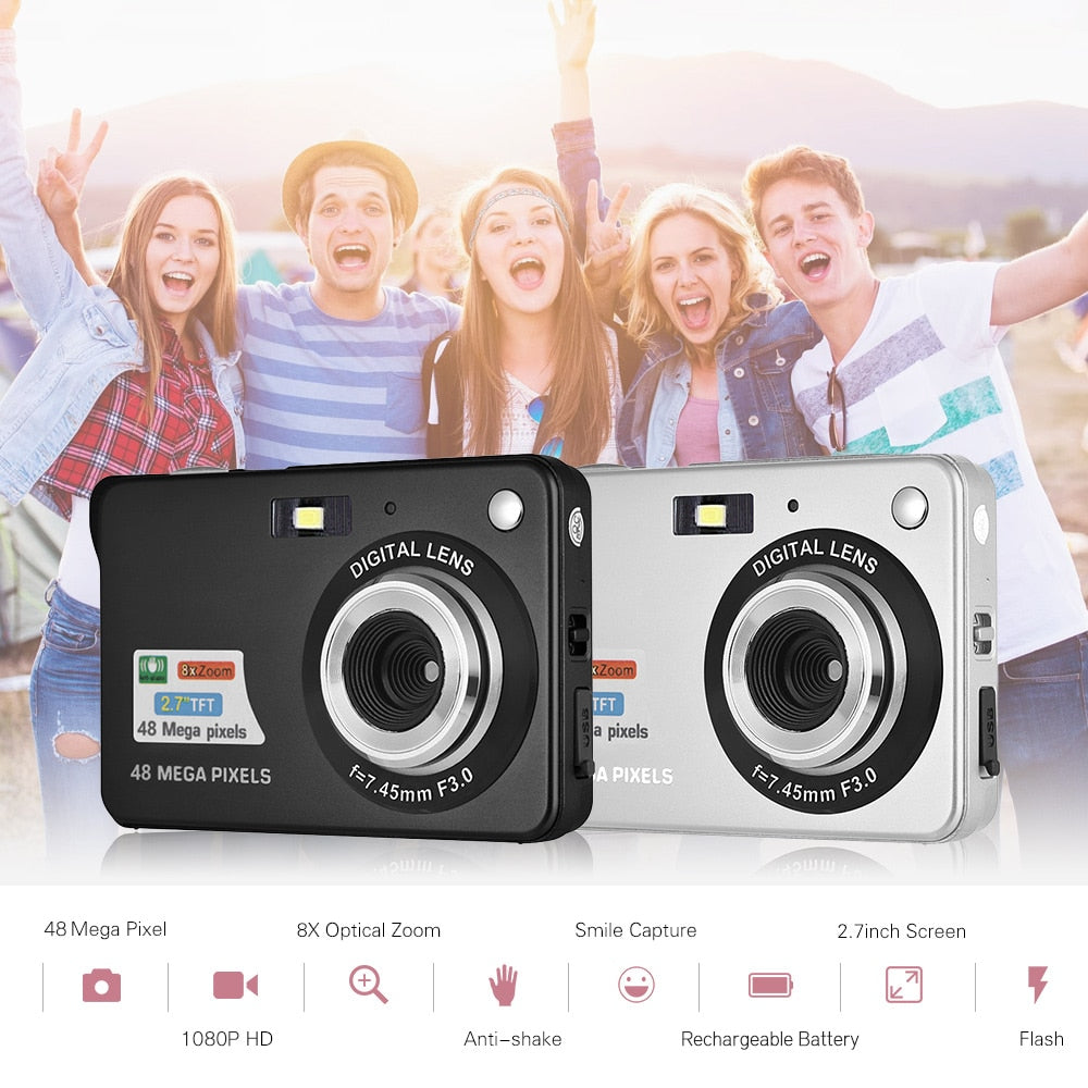 1080P 48MP Digital Camera Video Camcorder Anti-shake 8X Zoom 2.7 Inch LCD Screen Smile Capture Built-in Battery for Kids Teens