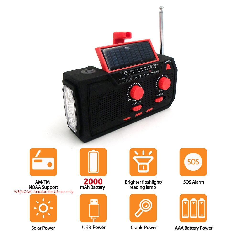 10000mAh Emergency Solar Power Radio Hand Crank Dynamo Wind Up Phone Charger Bank SOS AM/FM/NOAA Pocket Flashlight Radio