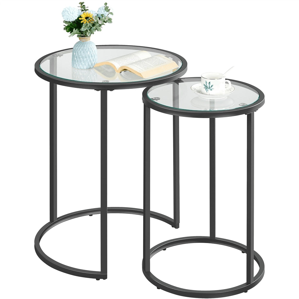 Round Metal Nesting End Table Set of 2 with Glass Top for Living Room