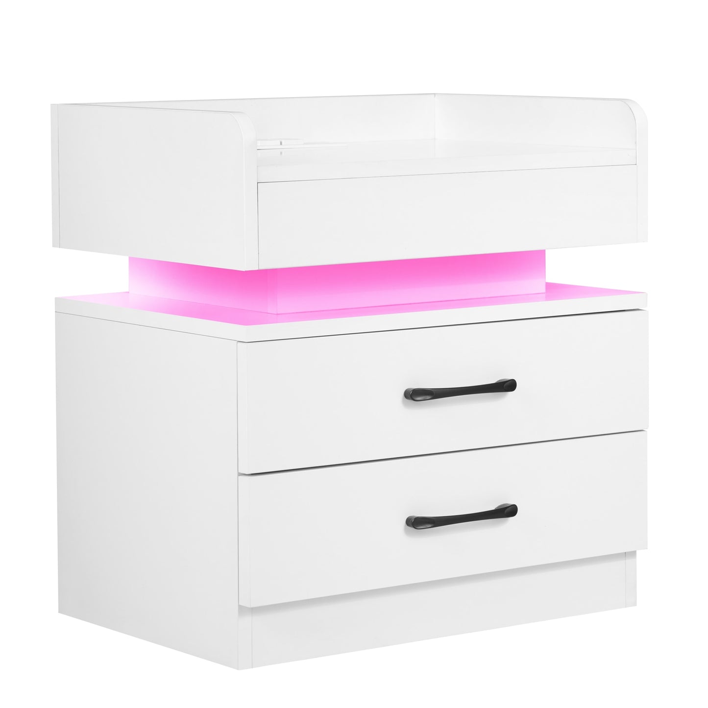 Auto LED Nightstand with Wireless Charging Station &amp; USB Ports,High Gloss Bedside Tables with 2 Drawers