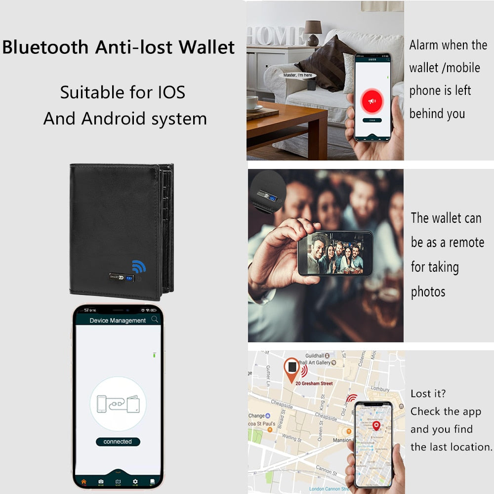 Smart  Bluetooth-compatible Wallet Anti-lost Genuine leather Mens Wallets card holder