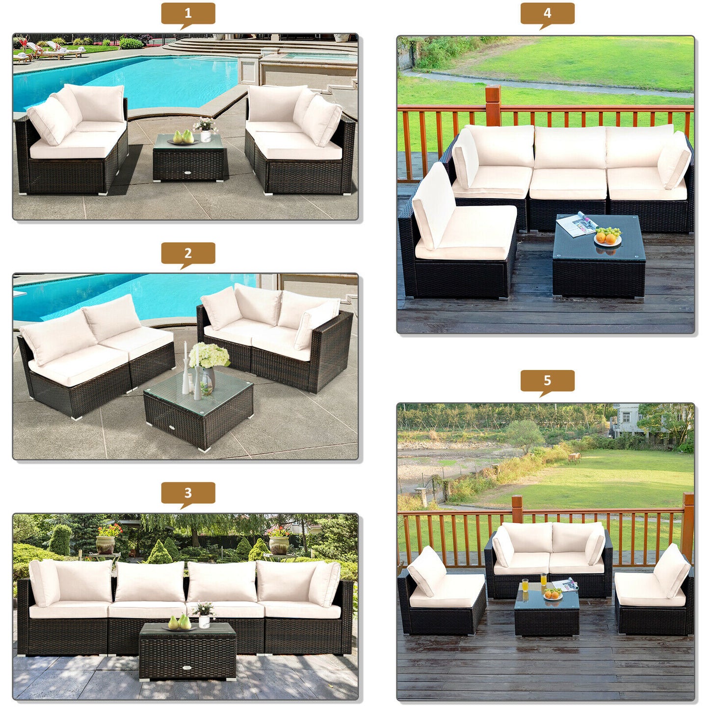 5PCS Patio Rattan Furniture Set Cushioned Sofa Chair Coffee Table