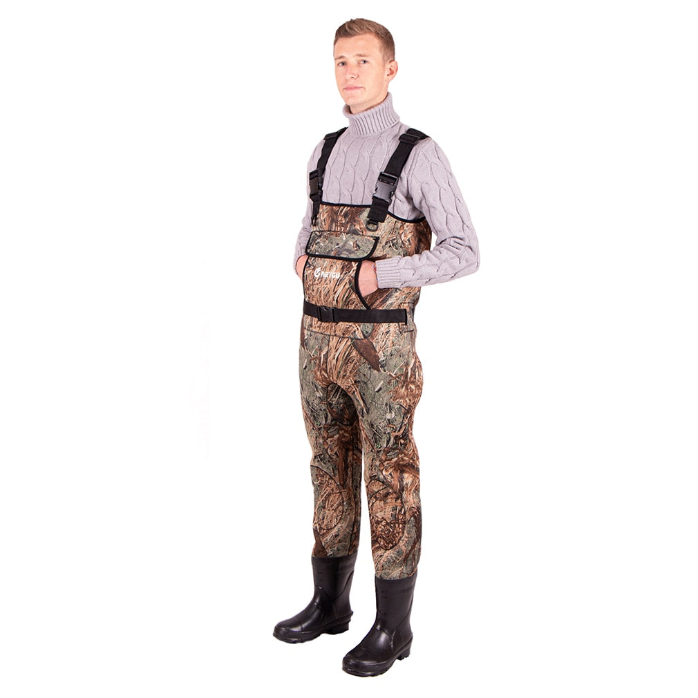 NeyGu 5MM Thickened Neoprene Waterproof and Thermal Chest Wader with Rubber Boots for Fishing，Hunting,Tender Green Camo Style