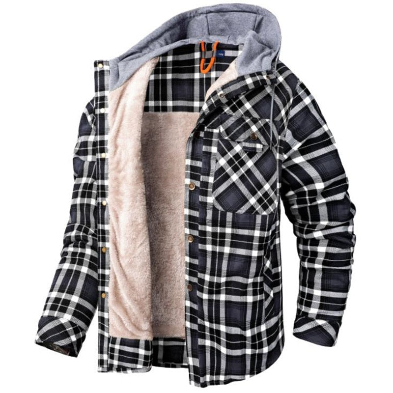 2023 Winter Casual Plaid Hooded Velvet Thickened Warm Men Shirt Mens Cotton Loose Long Sleeve Shirt