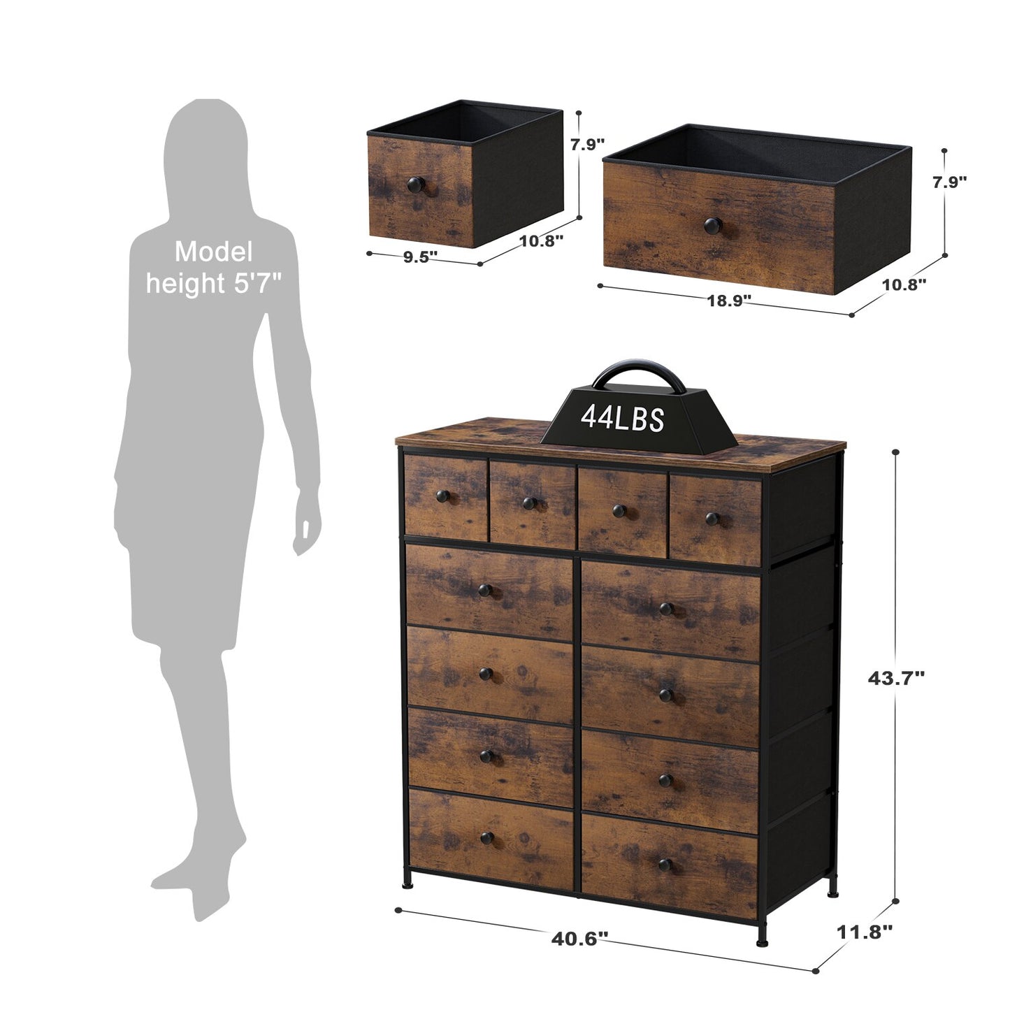 Enhomee Wooden Top Tall Dressers for Bedroom Anti-tipping Dresser Storage Cabinet with 12 Drawers Organizer Dresser Near the Bed