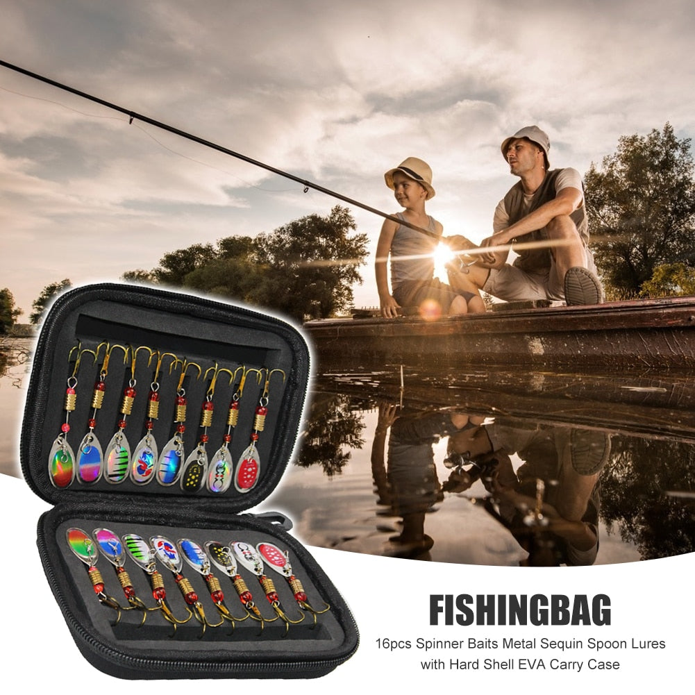 16pcs Fly Fishing Spinner Baits Treble Hook Metal Sequin Trout Spoon Bass Lures with Hard Shell EVA Carrying Case Storage Bag