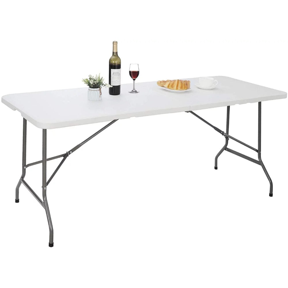 Folding Utility Table 6ft Fold-in-Half Portable Plastic Picnic Party Dining Camp Table White Camping Table Foldable