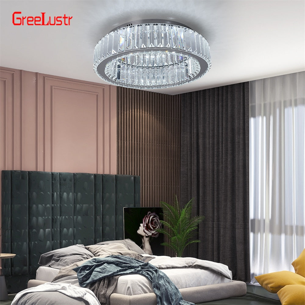 Modern Big Crystal Round Led Chandelier Dimmable Ceiling Light Fixture with Remote for Foyer Hall Bedroom Indoor Lights  Lustres