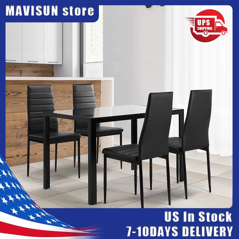 Modern Kitchen Table In Black For Living Room 4 Faux Leather Chairs 5 Pieces Light Tempered Glass Dining Table Set Free Shipping