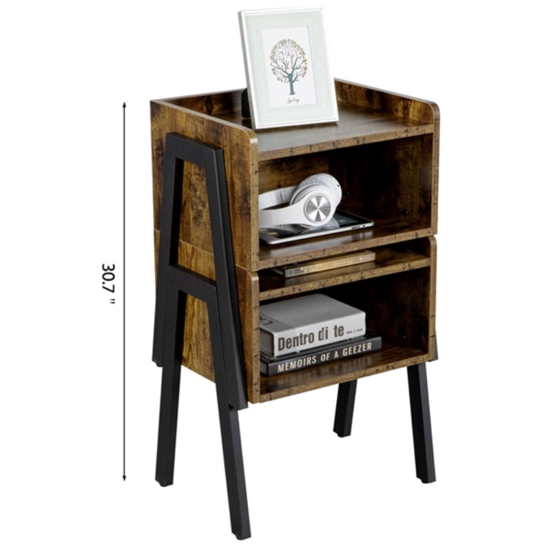 Industrial Wood End Table with Storage, Set of 2, Rustic Brown Finish