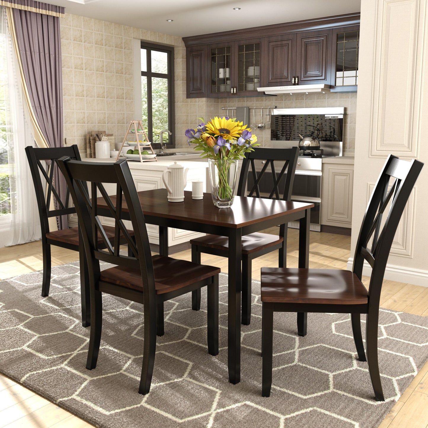 American Kitchen Table Minimalist Wood 5-Piece With 4 X-Back Chairs For Small Places Dining Table And Chair Set For Living Room