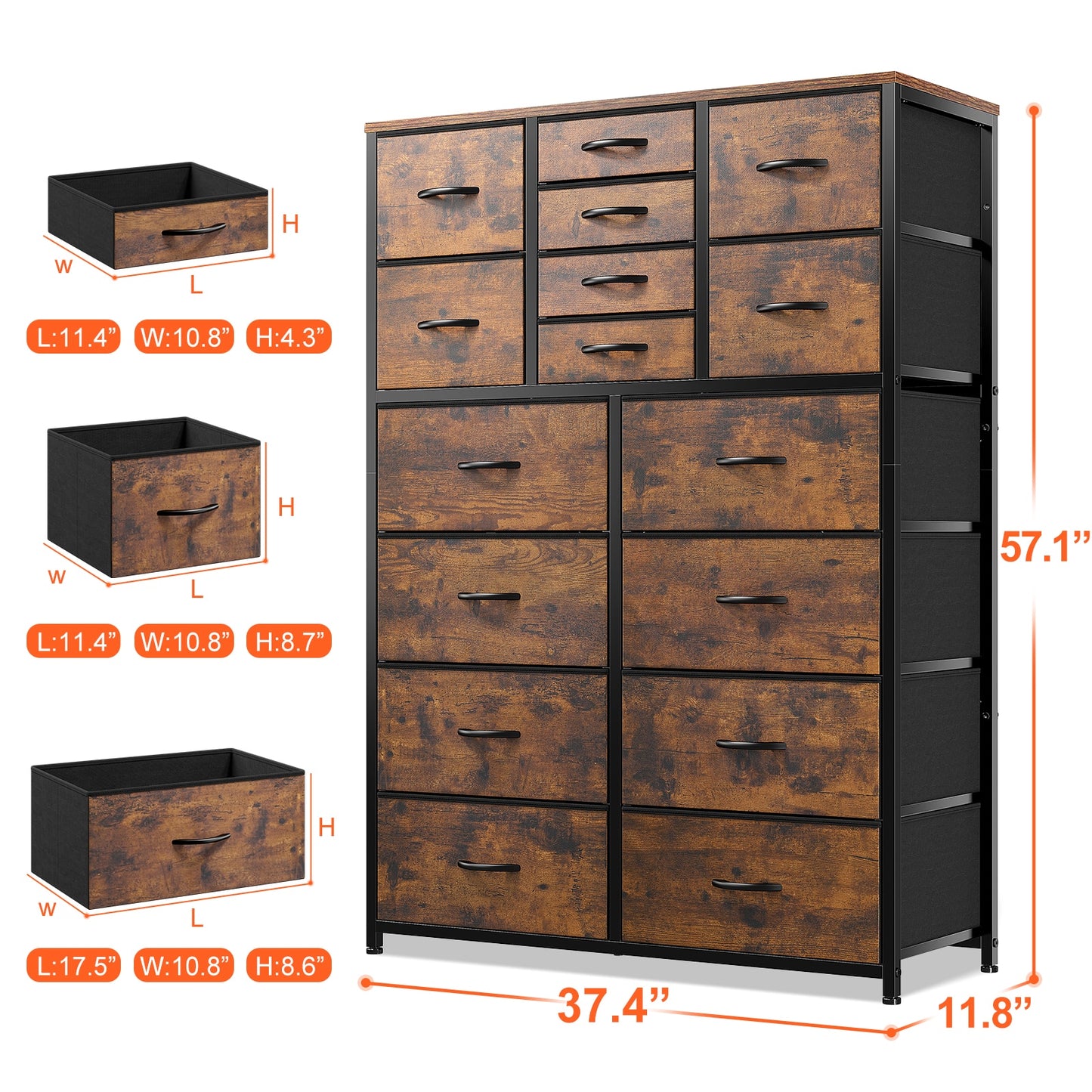 EnHomee 16 Fabric Drawer Dresser with Wooden Top Bedroom Closets Furniture Large Capacity Tall Chest Dressers for Living Room